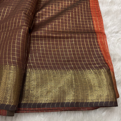 Burnt Orange Coffee Brown Chanderi Cotton Silk Check Saree