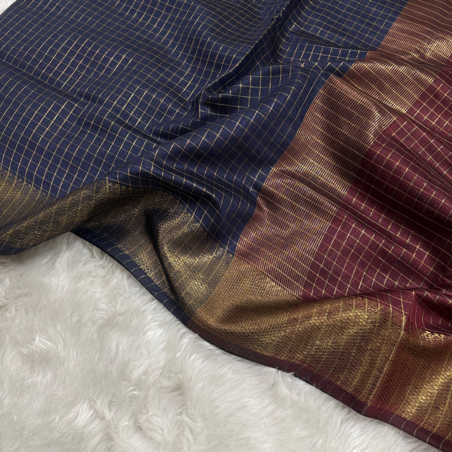 Navy Blue Maroon Chanderi Cotton Silk Check Saree