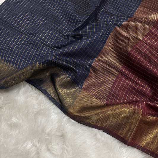 Navy Blue Maroon Chanderi Cotton Silk Check Saree