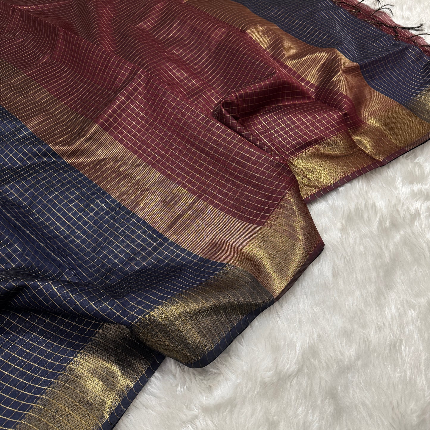 Navy Blue Maroon Chanderi Cotton Silk Check Saree