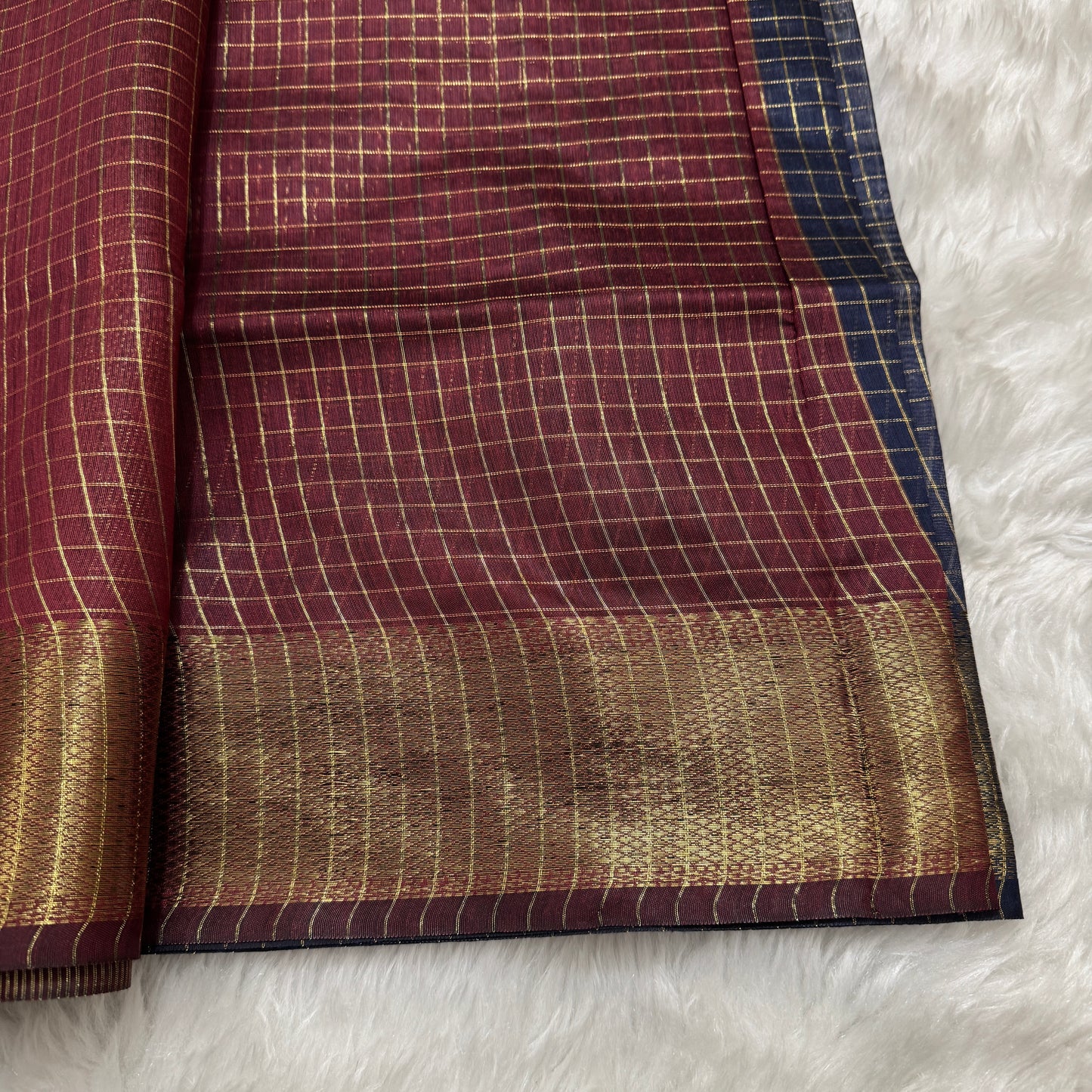 Navy Blue Maroon Chanderi Cotton Silk Check Saree