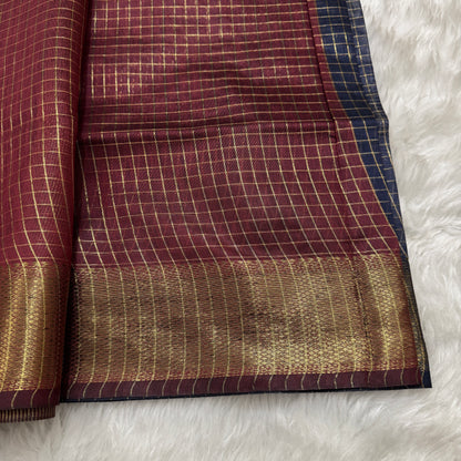 Navy Blue Maroon Chanderi Cotton Silk Check Saree