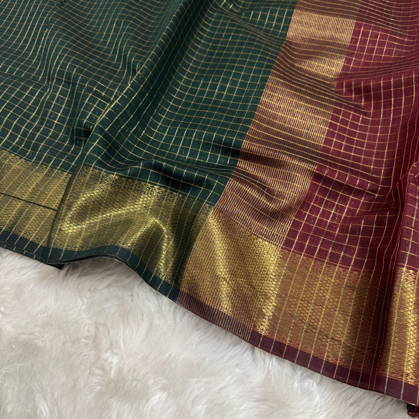 Bottle Green Maroon Chanderi Cotton Silk Check Saree