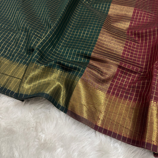 Bottle Green Maroon Chanderi Cotton Silk Check Saree