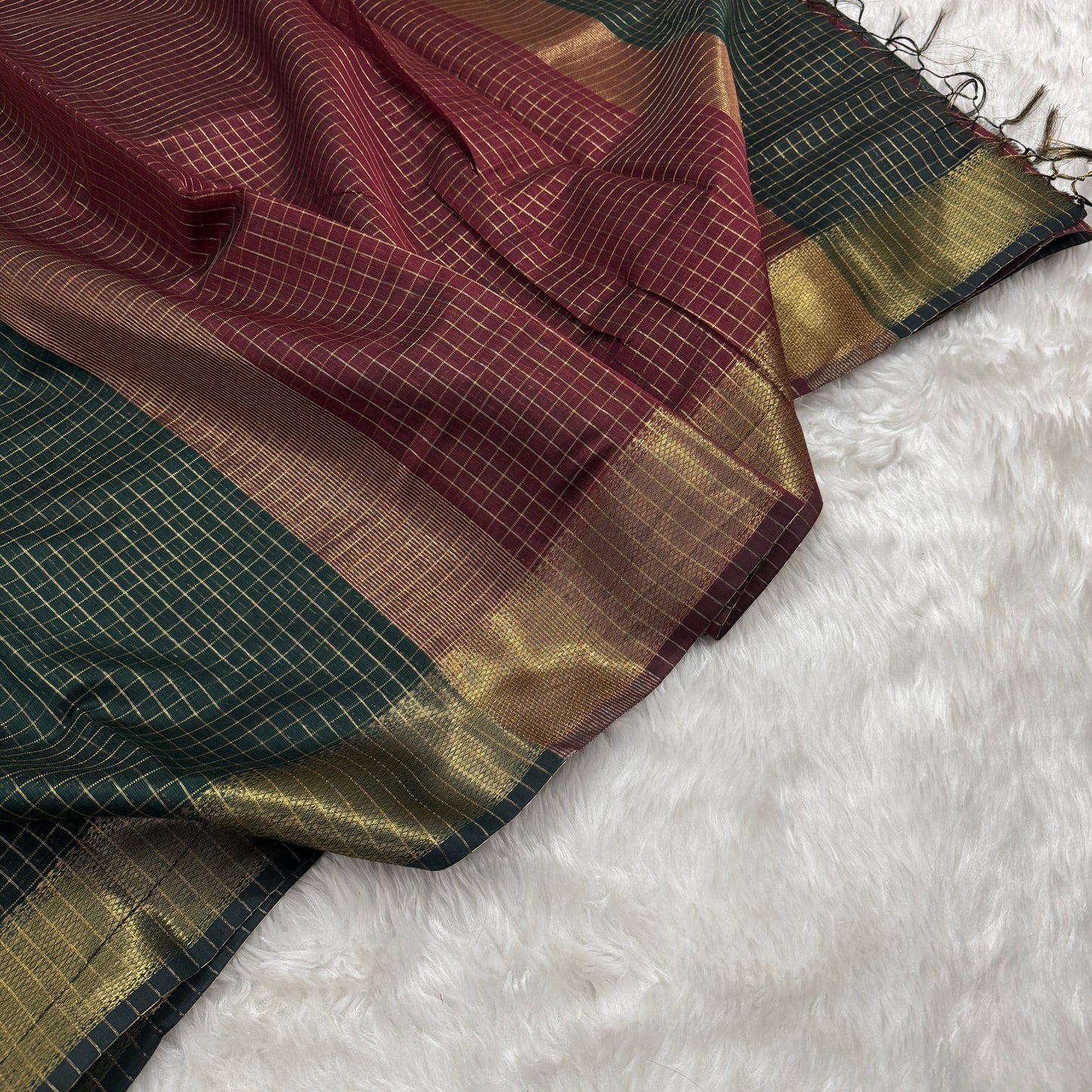 Bottle Green Maroon Chanderi Cotton Silk Check Saree