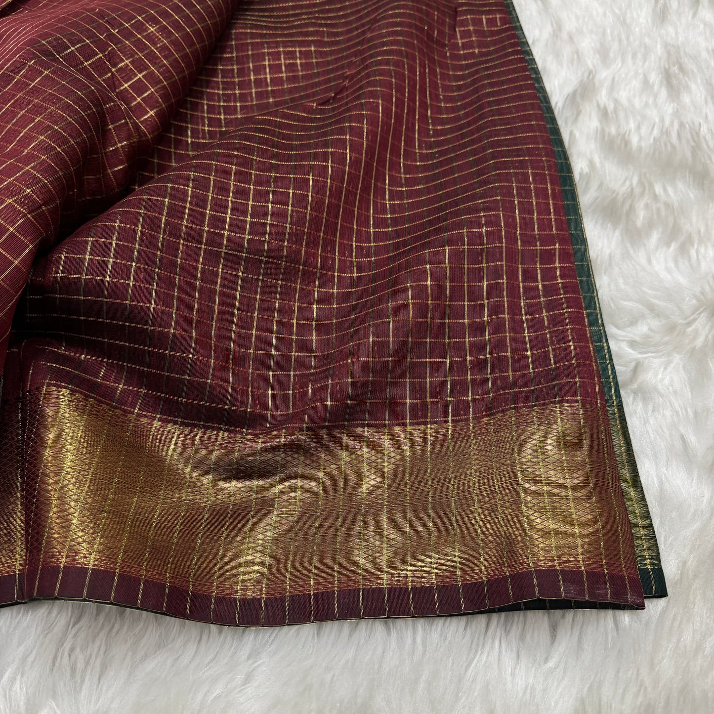 Bottle Green Maroon Chanderi Cotton Silk Check Saree