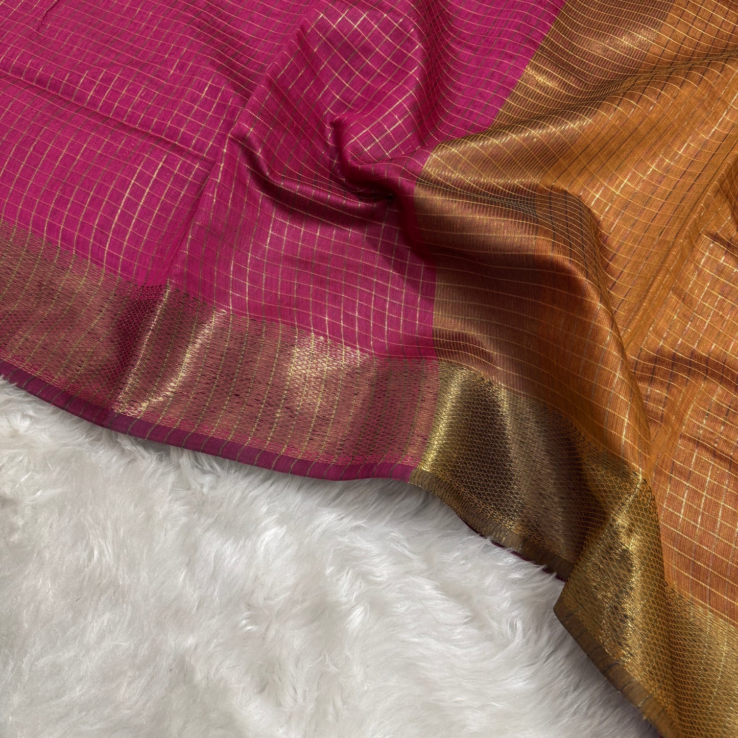 Rani Pink Mustard Chanderi Cotton Silk Check Saree