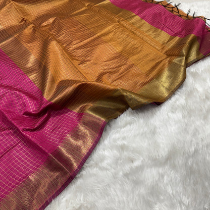 Rani Pink Mustard Chanderi Cotton Silk Check Saree