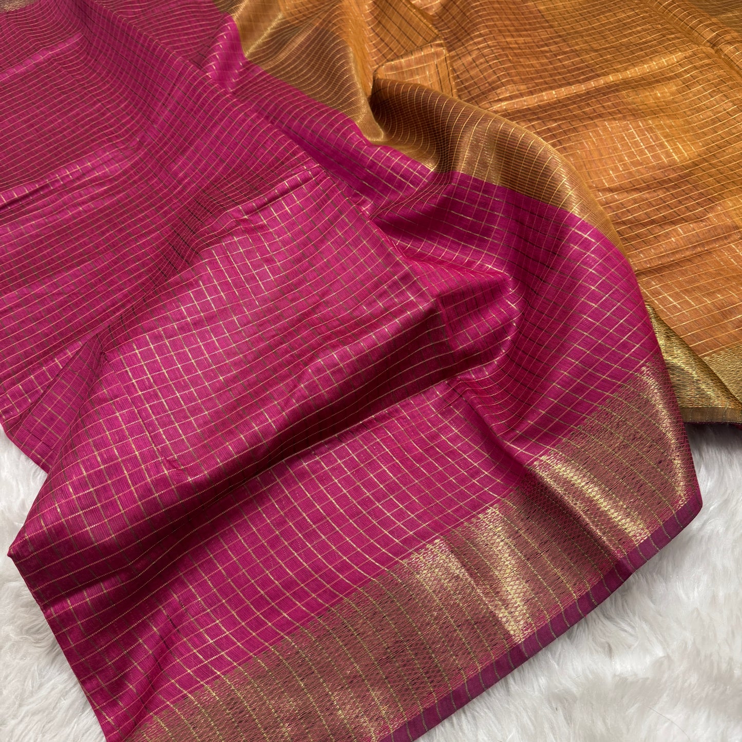 Rani Pink Mustard Chanderi Cotton Silk Check Saree