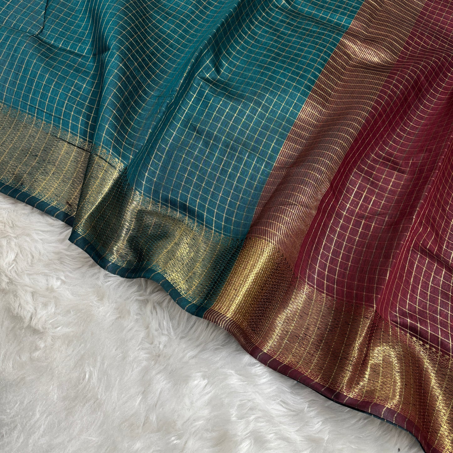 Sapphire Green Maroon Chanderi Cotton Silk Check Saree