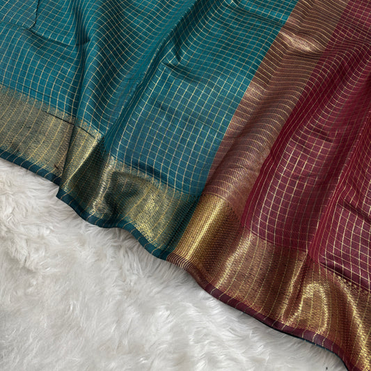 Sapphire Green Maroon Chanderi Cotton Silk Check Saree