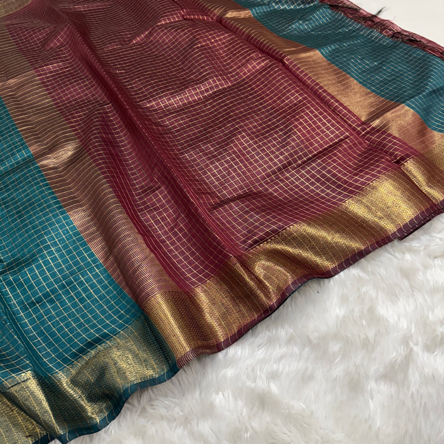Sapphire Green Maroon Chanderi Cotton Silk Check Saree