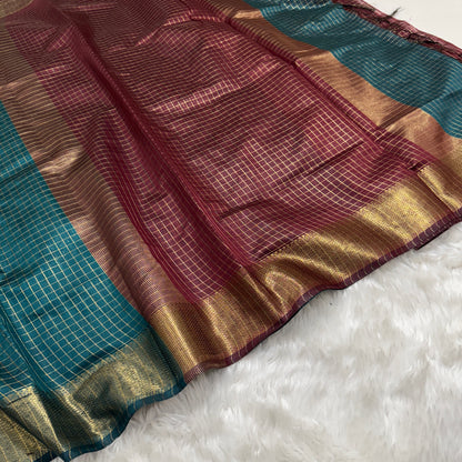 Sapphire Green Maroon Chanderi Cotton Silk Check Saree