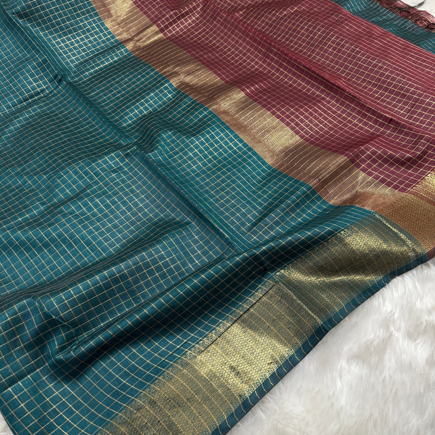 Sapphire Green Maroon Chanderi Cotton Silk Check Saree