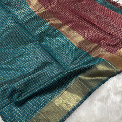 Sapphire Green Maroon Chanderi Cotton Silk Check Saree