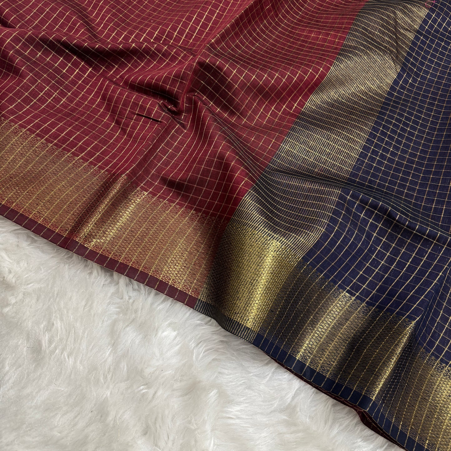 Deep Maroon Navy Blue Chanderi Cotton Silk Check Saree