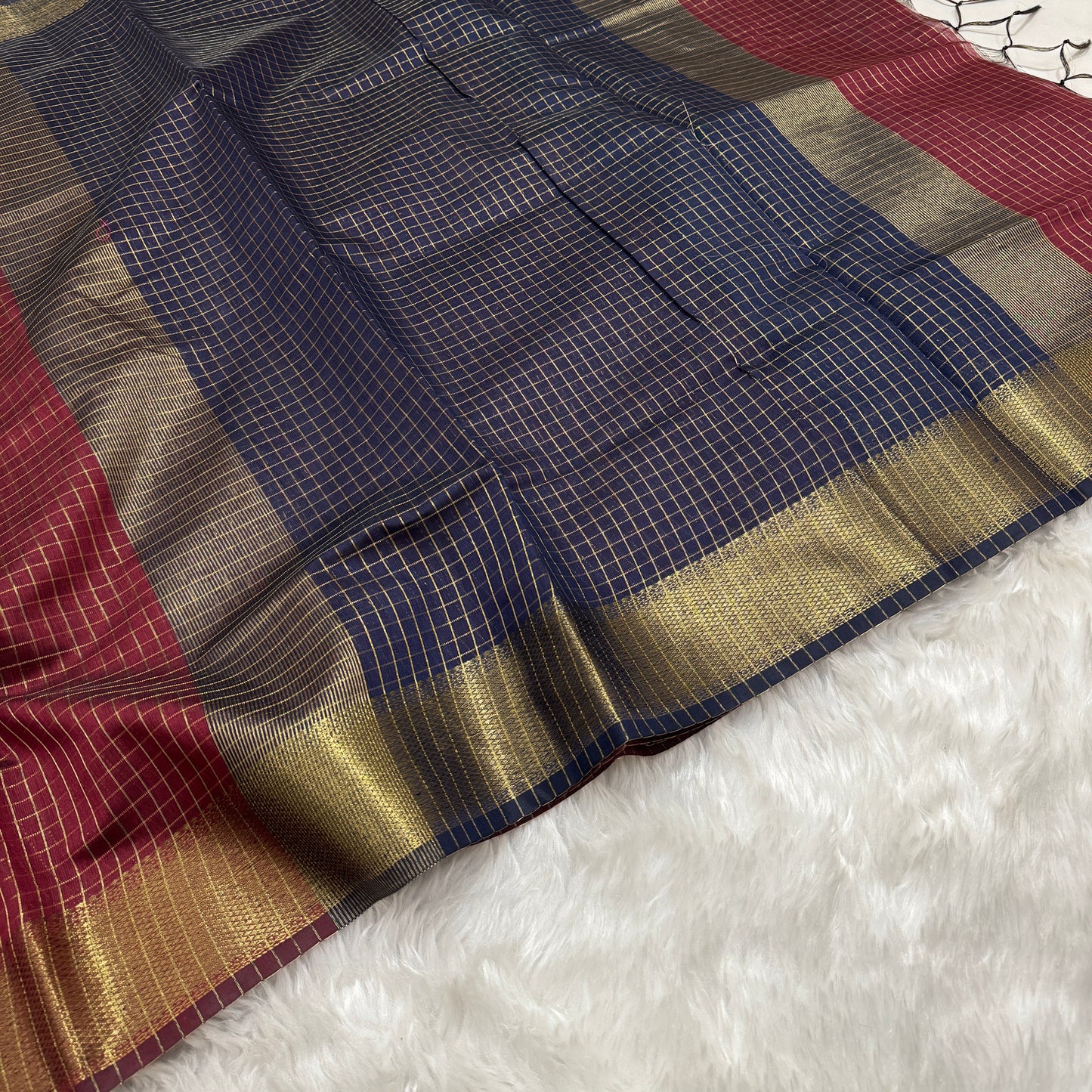 Deep Maroon Navy Blue Chanderi Cotton Silk Check Saree