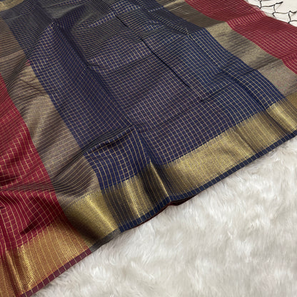 Deep Maroon Navy Blue Chanderi Cotton Silk Check Saree