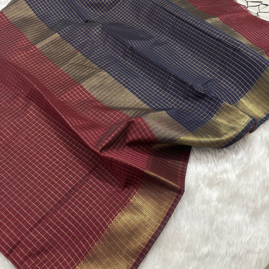 Deep Maroon Navy Blue Chanderi Cotton Silk Check Saree