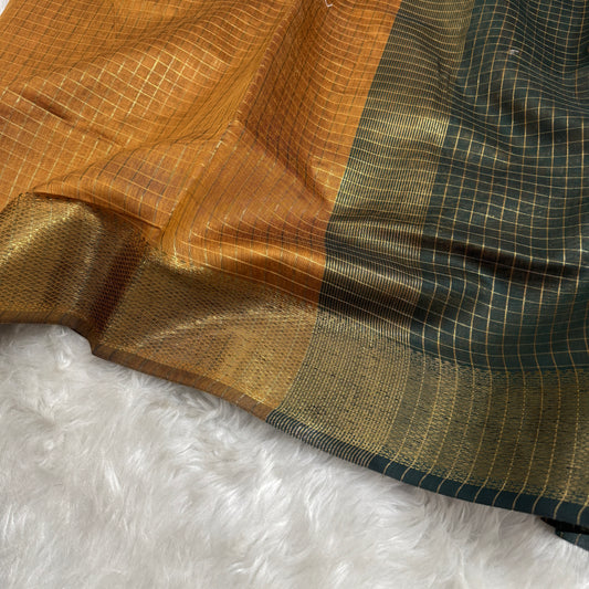 Mustard Bottle Green Chanderi Cotton Silk Check Saree