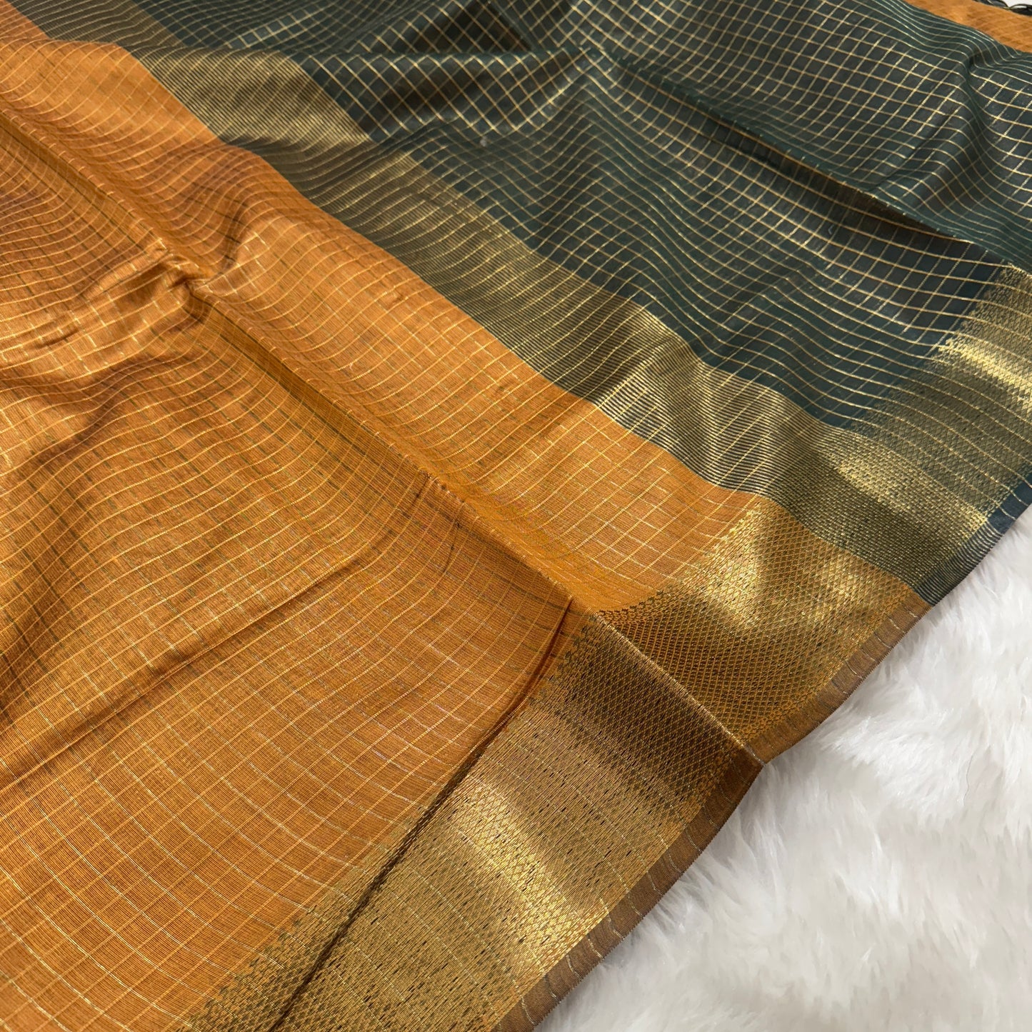 Mustard Bottle Green Chanderi Cotton Silk Check Saree