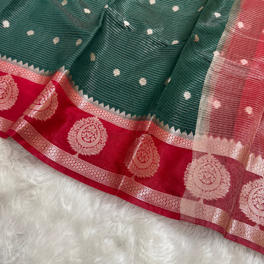 Bottle Green Maroon Semi Banarasi Silk Saree