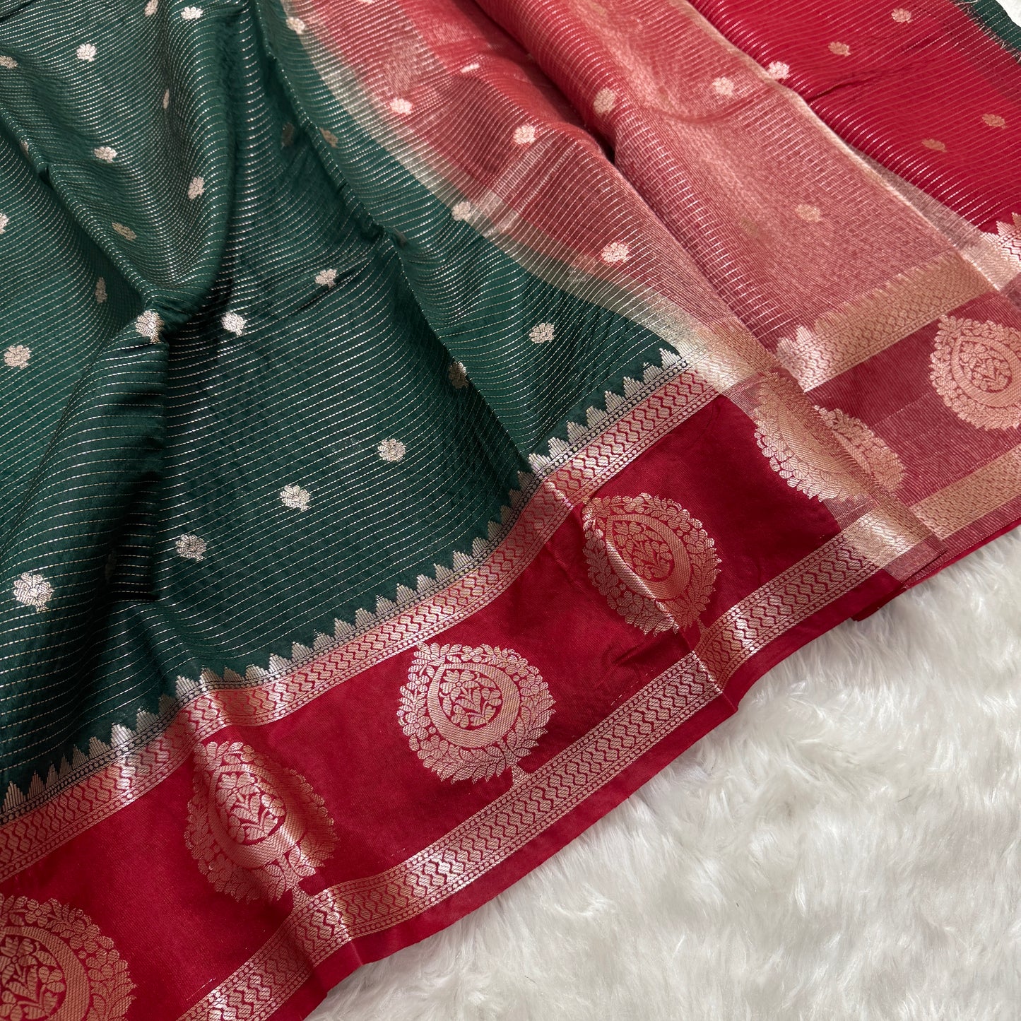 Bottle Green Maroon Semi Banarasi Silk Saree