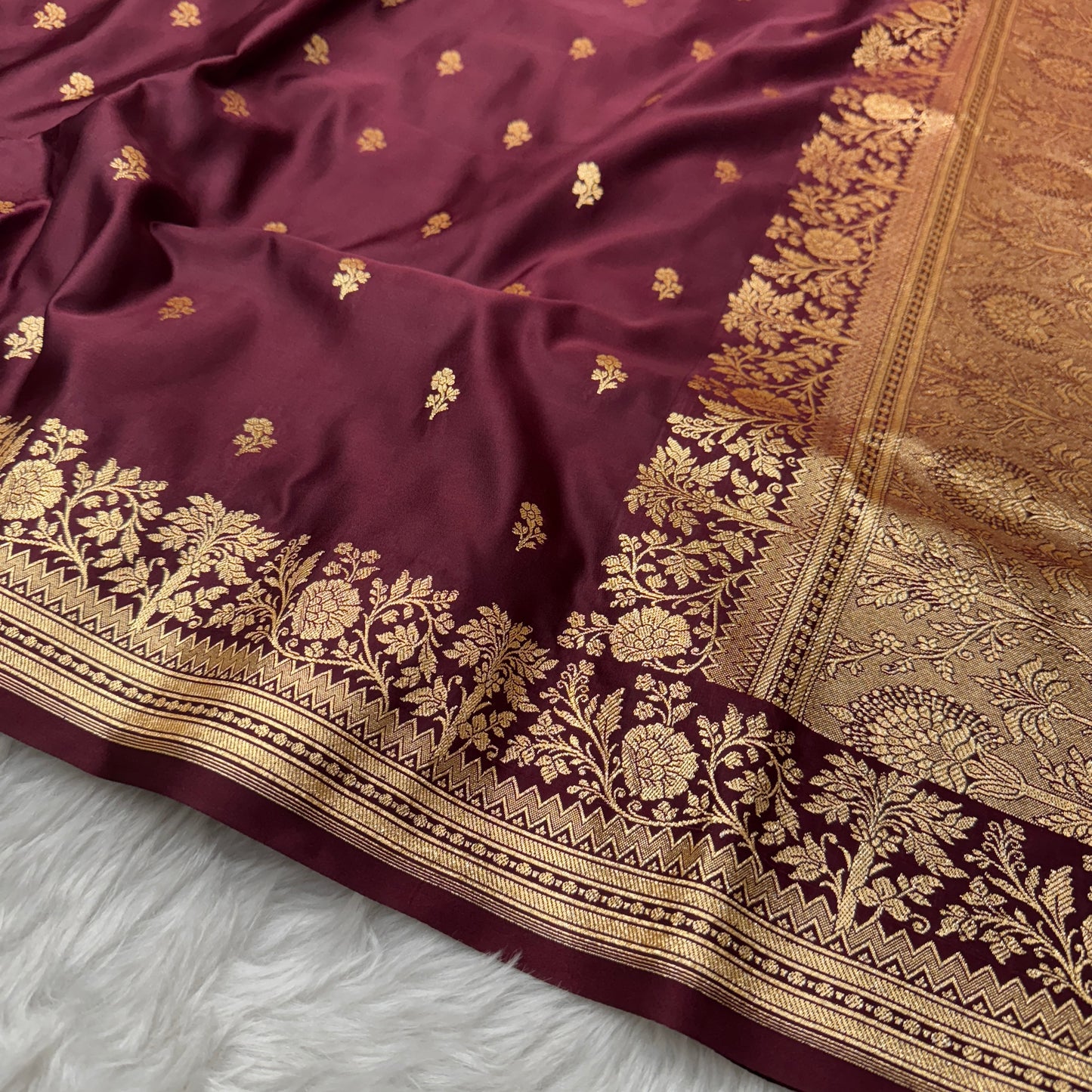 Deep Maroon Banarasi Satin Katan Silk Saree - BN56
