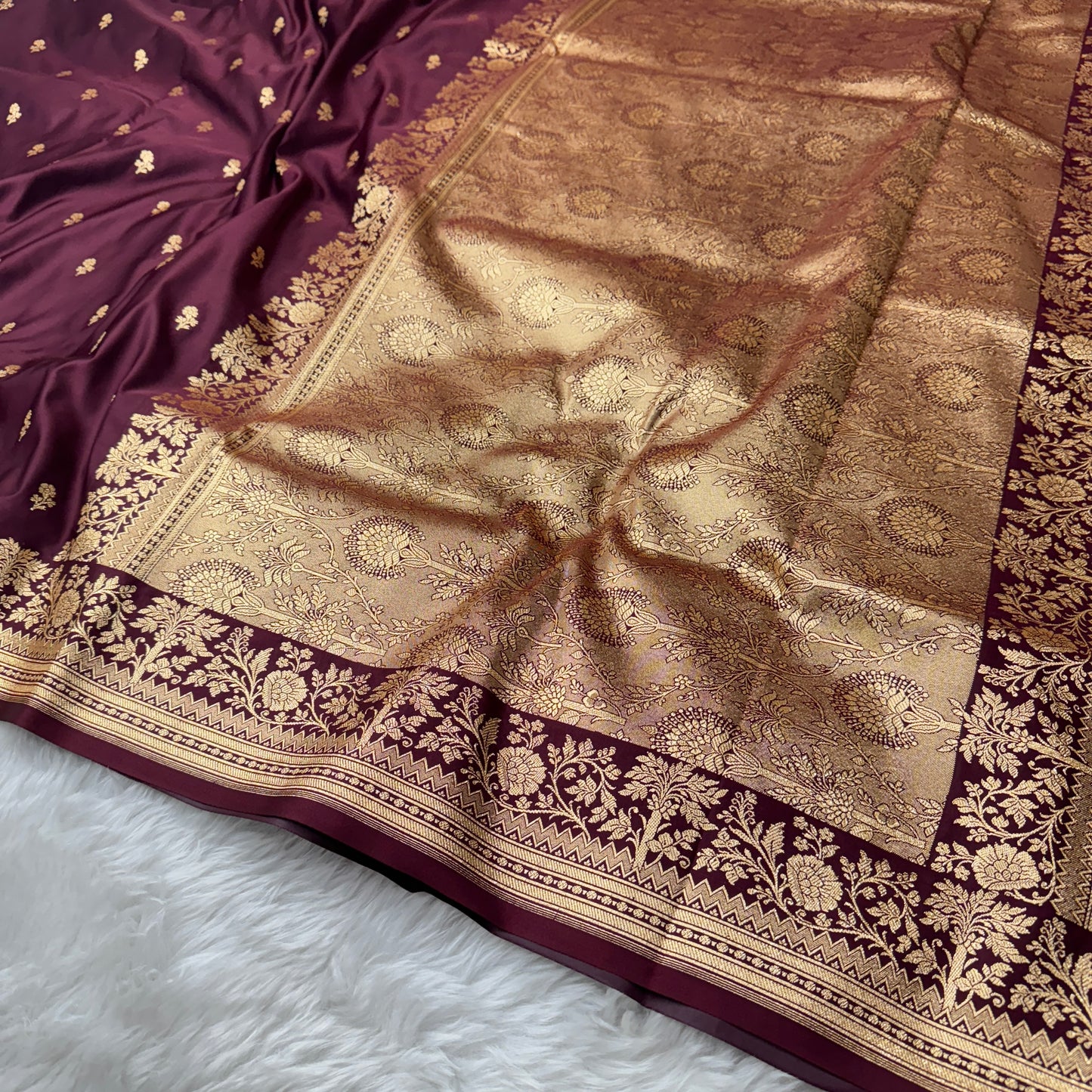 Deep Maroon Banarasi Satin Katan Silk Saree - BN56