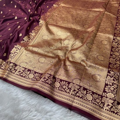 Deep Maroon Banarasi Satin Katan Silk Saree - BN56