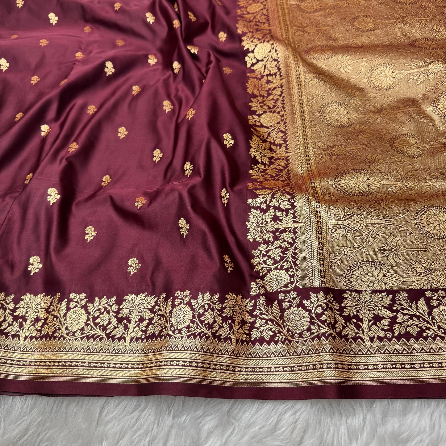 Deep Maroon Banarasi Satin Katan Silk Saree - BN56