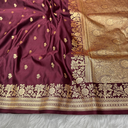 Deep Maroon Banarasi Satin Katan Silk Saree - BN56