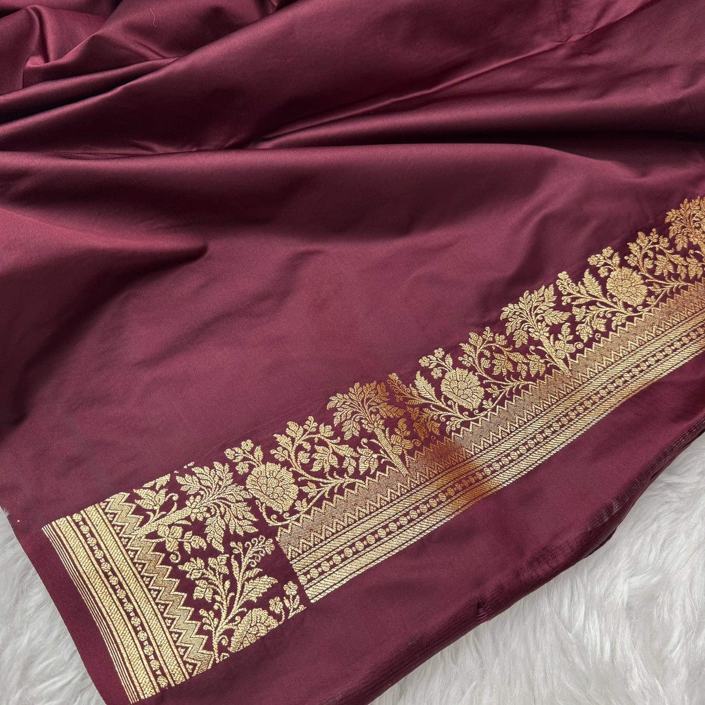 Deep Maroon Banarasi Satin Katan Silk Saree - BN56