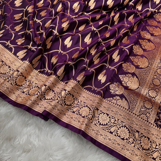 Wine Banarasi Satin Katan Silk Saree - BN47