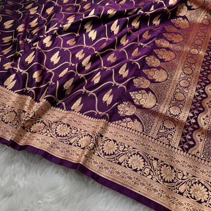 Wine Banarasi Satin Katan Silk Saree - BN47