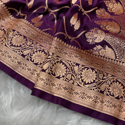 Wine Banarasi Satin Katan Silk Saree - BN47