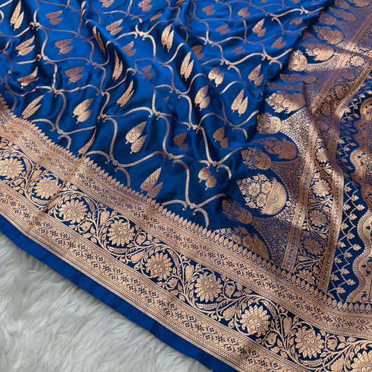 Ink Blue Banarasi Satin Katan Silk Saree - BN48
