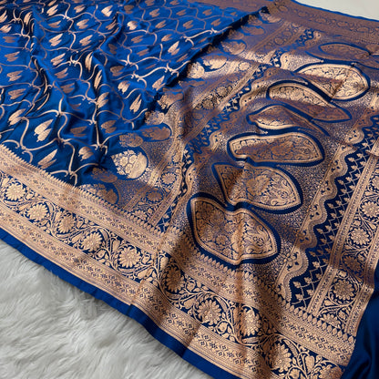 Ink Blue Banarasi Satin Katan Silk Saree - BN48