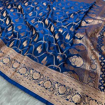 Ink Blue Banarasi Satin Katan Silk Saree - BN48