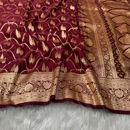 Maroon Banarasi Satin Katan Silk Saree - BN49