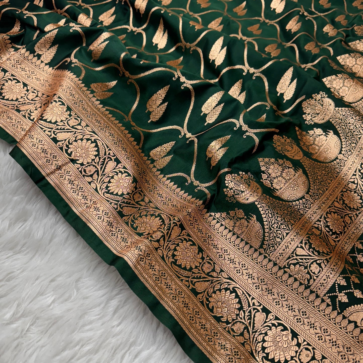 Bottle Green Banarasi Satin Katan Silk Saree - BN50