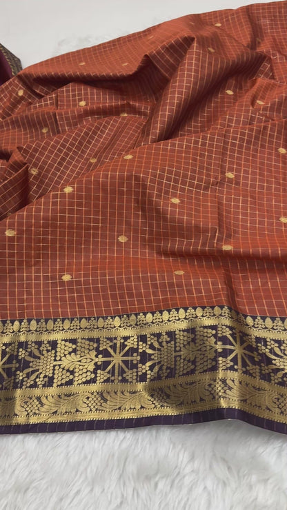 Rust Orange Semi Kanchipuram Silk Checks Saree