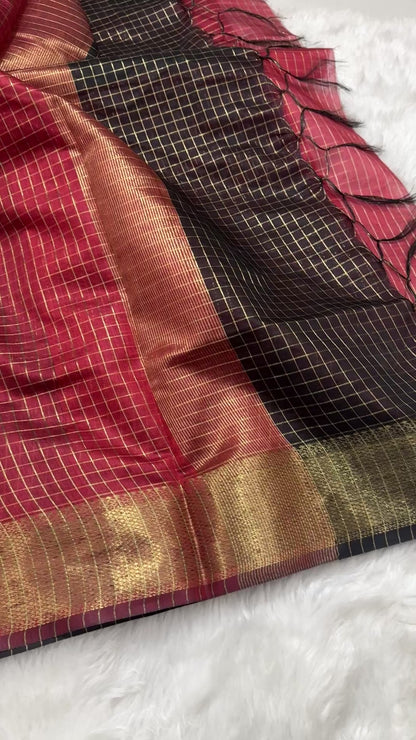 Black Maroon Chanderi Cotton Silk Check Saree