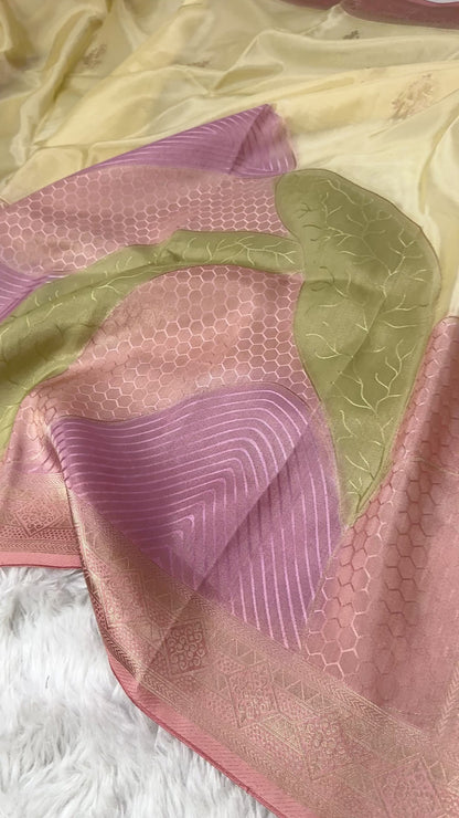 Pastel Yellow Banarasi Rangkaat Organza Crepe Silk Saree