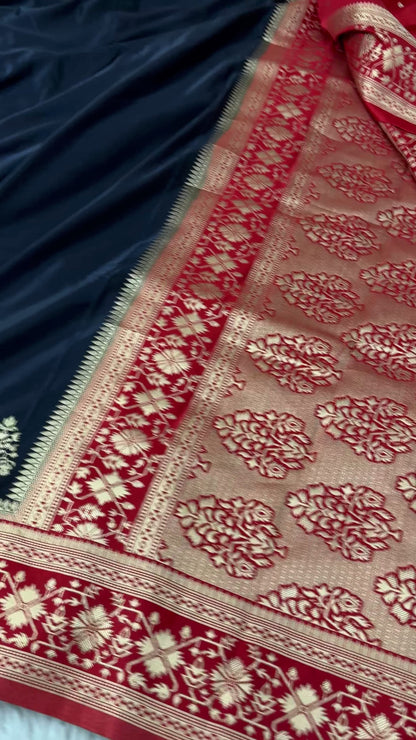 Black to Deep Red Banarasi Mashru Silk Saree