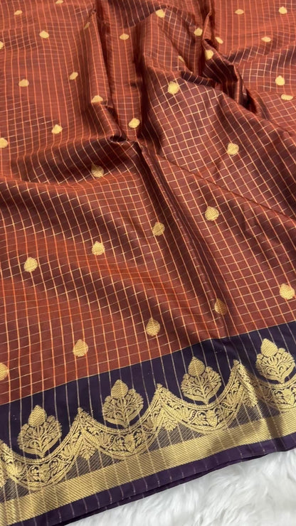 Rust Orange Semi Kanchipuram Silk Checks Saree
