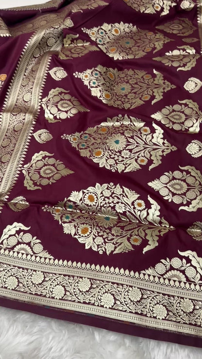 Deep Maroon Banarasi Meenakari Katan Silk Saree