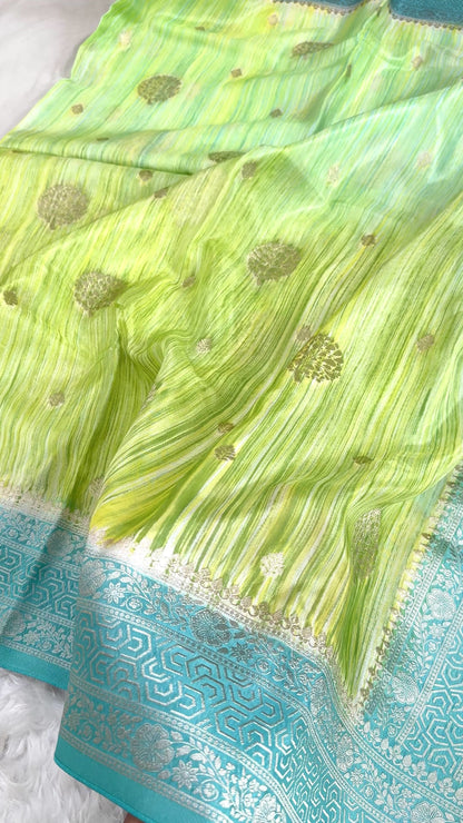 Lime Green and Ocean Teal Banarasi Handbrush Organza Crepe Silk Saree