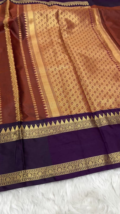 Rust Orange Wine Semi Kanchipuram Silk Saree