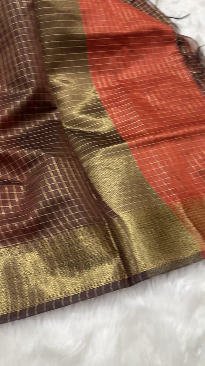 Burnt Orange Coffee Brown Chanderi Cotton Silk Check Saree